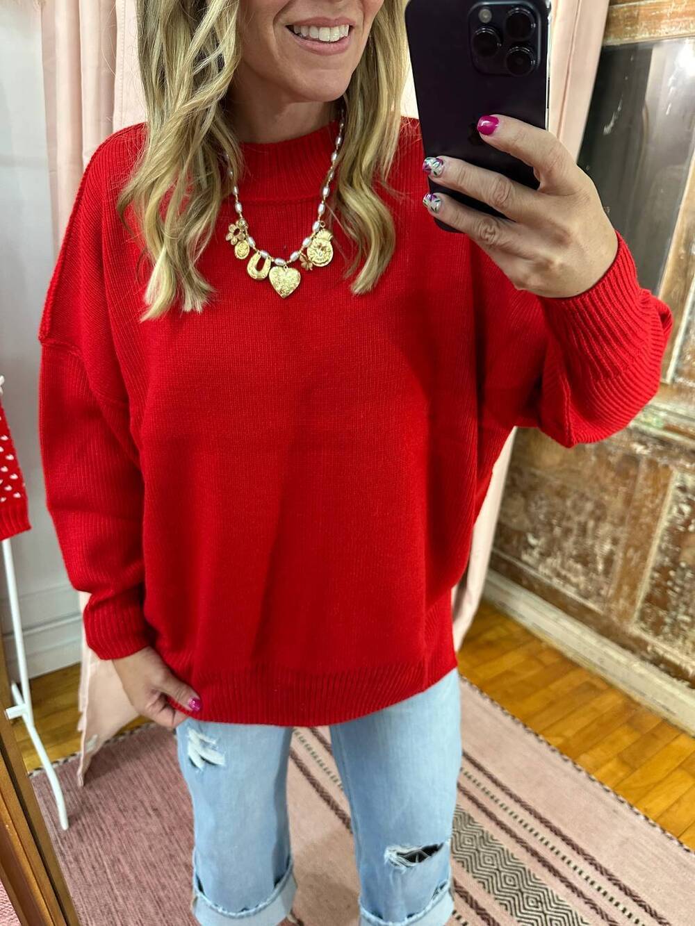 NEW SHE + SKY drop shoulder mock neck sweater in red